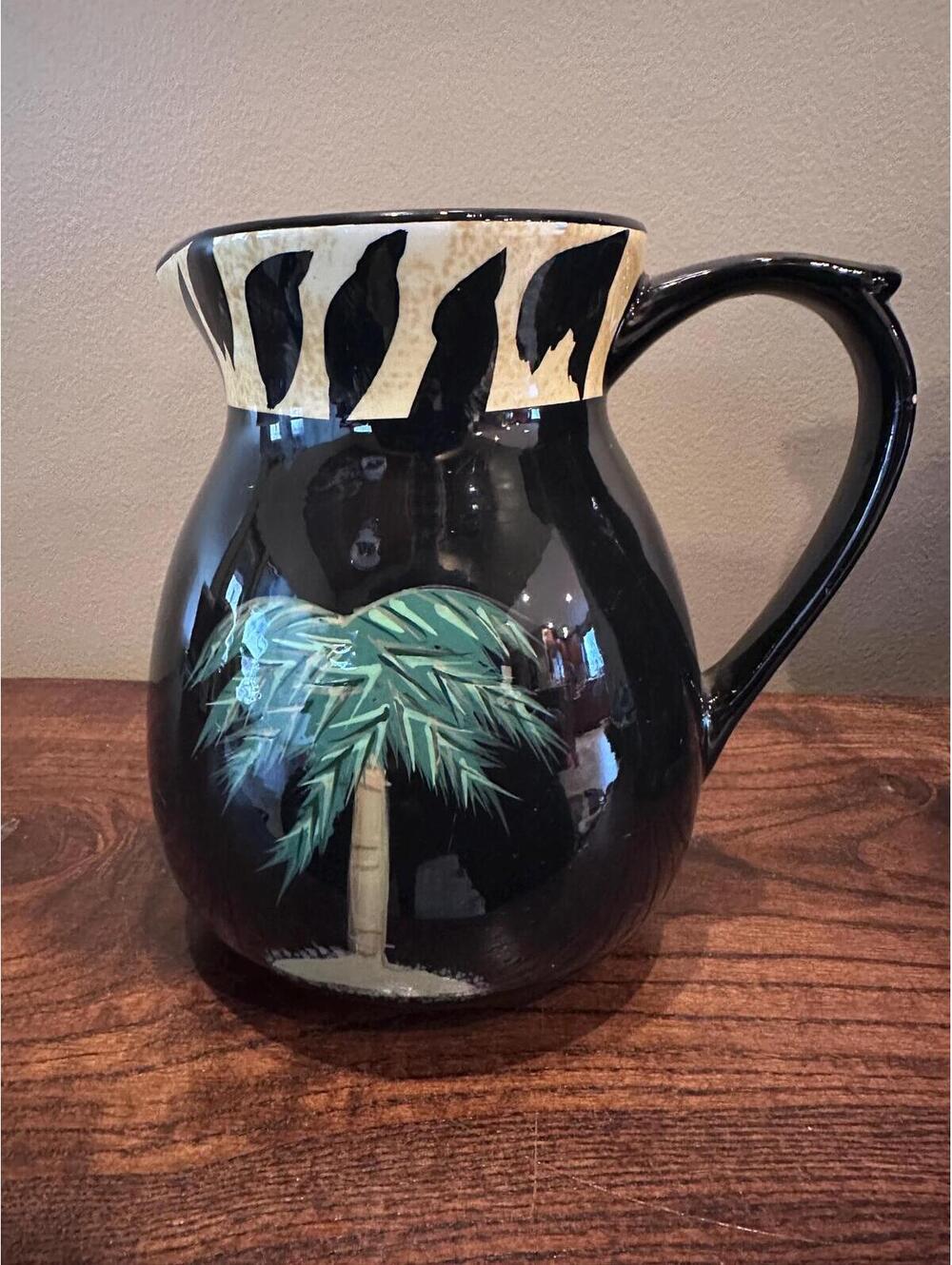 Vintage Palm Leopard Print Black Ceramic Pitcher